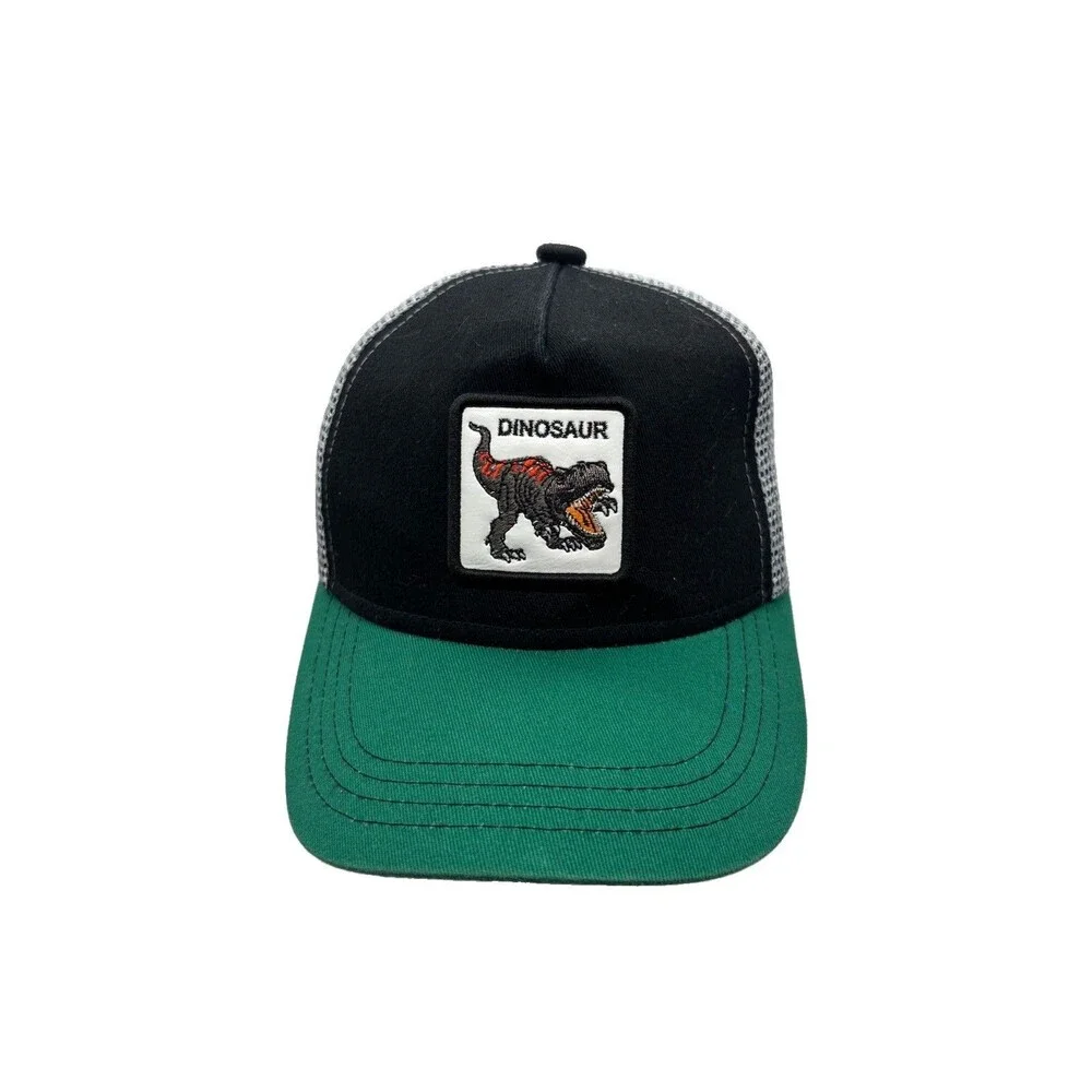Dinosaur T-Rex Trucker Hat Black Green Mesh Snapback Cap Graphic Under Brim Mens